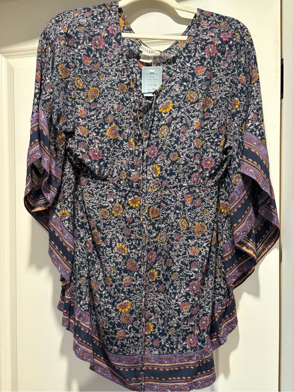 Billabong Navy Floral Boho Blouse with Pink and Mustard Accents